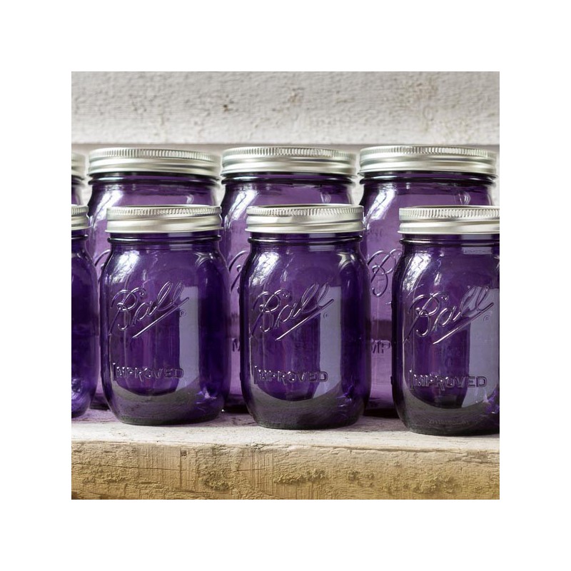 Brewing America Glass Mason Jar Pitcher with Lid - Ball Jars, 1 Quart (32 oz) with Violet Purple Wide Mouth Mason Jar Pour Lids, 2-Pack